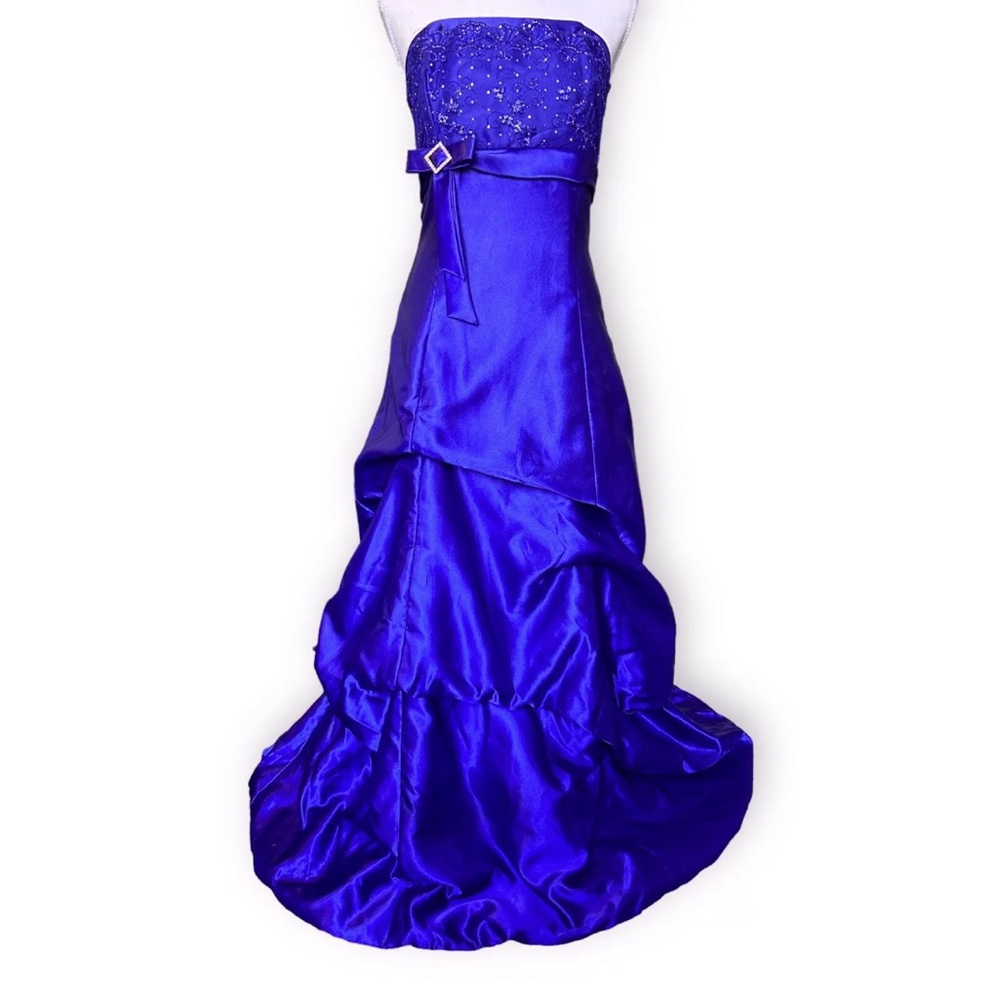 Jessica Mcclintock Gunne Sax Y2K strapless blue Shiny satin ballgown Bow Detail